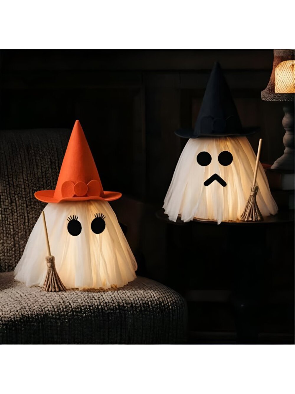 Halloween Decorations – Set of 2 Light-Up Ghosts with Witch Hats